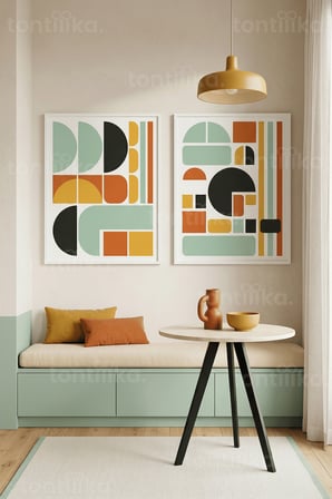 Modern Geometrik Tasarım ve Renk Blokları 2’li Ahşap Çerçeveli Tablo Seti