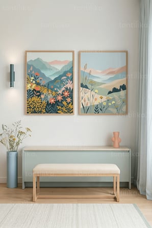 İskandinav Dağ Vadisi Kır Çiçekleri 2’li Ahşap Çerçeveli Tablo Seti