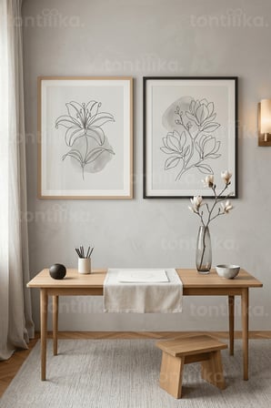 Modern Tek Çizgi Botanik Çiçekler 2’li Ahşap Çerçeveli Tablo Seti