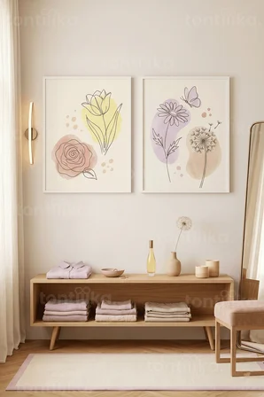 Minimalist Çiçek ve Kelebek Sanatı 2’li Ahşap Çerçeveli Tablo Seti