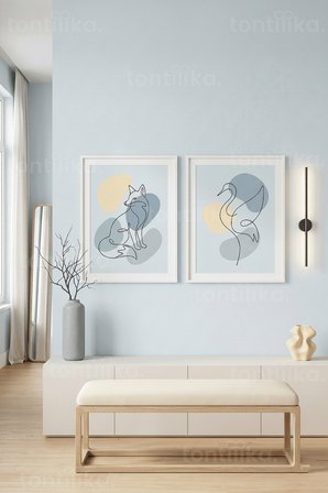 Tek Çizgi Minimalist Hayvan Figürleri 2’li Ahşap Çerçeveli Tablo Seti
