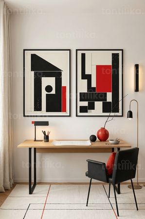 Modern Geometrik Soyut Tasarım 2’li Ahşap Çerçeveli Tablo Seti