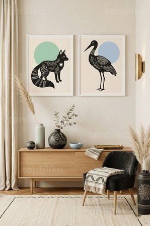 Etnik Desenli Tilki ve Leylek 2’li Ahşap Çerçeveli Tablo Seti