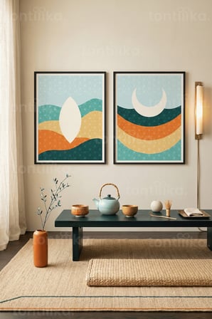 Japon Zen Dalga ve Ay Temalı 2’li Ahşap Çerçeveli Tablo Seti