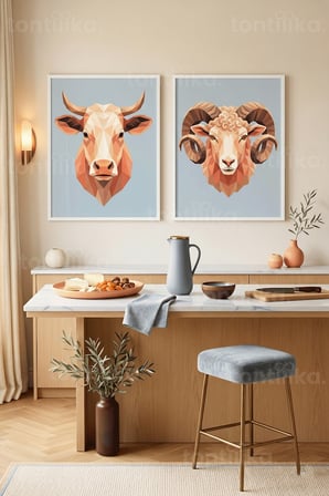 Modern Geometrik İnek ve Koç Başları 2’li Ahşap Çerçeveli Tablo Seti