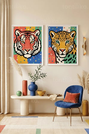Renkli Pop Art Vahşi Kediler 2’li Ahşap Çerçeveli Tablo Seti