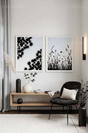 Minimalist Siyah Beyaz Bitki Siluetleri 2’li Ahşap Çerçeveli Tablo Seti