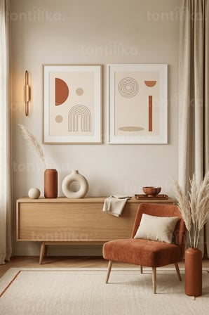 Modern Minimalist Toprak Tonları Soyut Geometrik 2’li Ahşap Çerçeveli Tablo Seti