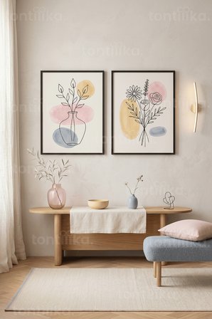 Minimalist Çiçek 2'li Ahşap Çerçeveli Tablo Seti