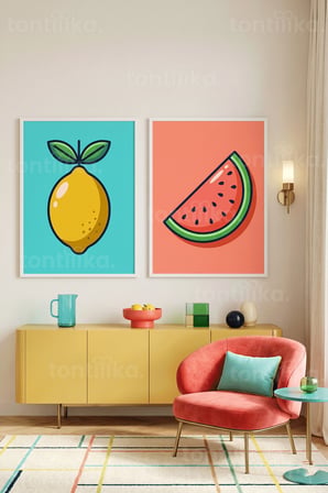 Canlı Meyve Temalı Pop Art 2'li Ahşap Çerçeveli Tablo Seti