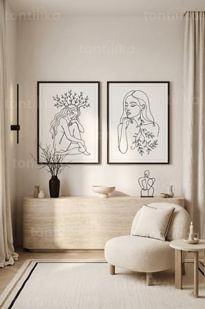 Minimalist Doğal Çizgiler 2'li Ahşap Çerçeveli Tablo Seti