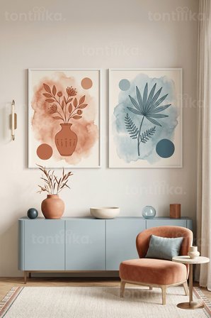Çiçekli Minimalist 2'li Ahşap Çerçeveli Tablo Seti