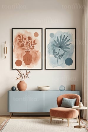 Çiçekli Minimalist 2'li Ahşap Çerçeveli Tablo Seti