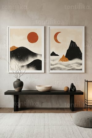 Doğa Motifli Minimalist 2'li Ahşap Çerçeveli Tablo Seti