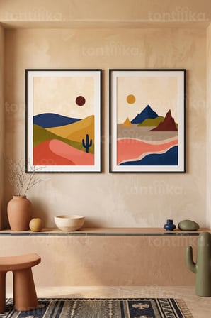 Minimalist Çöl Manzarası 2'li Ahşap Çerçeveli Tablo Seti