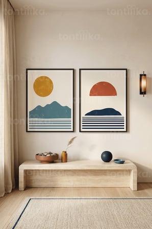 Minimalist Geometrik Soyut 2'li Ahşap Çerçeveli Tablo Seti