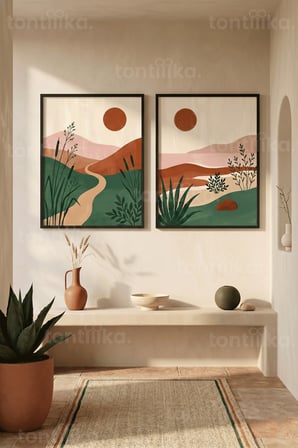 Doğa ve Bitki Temalı Minimalist 2'li Ahşap Çerçeveli Tablo Seti