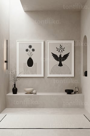 Minimalist Doğa Simgeleri 2'li Ahşap Çerçeveli Tablo Seti