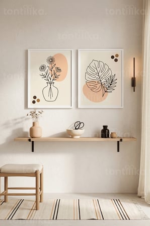 Minimalist Bitkisel Çizgi Sanatı 2'li Ahşap Çerçeveli Tablo Seti