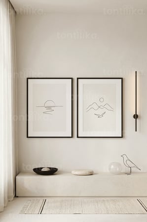 Minimalist Doğa Çizimleri 2'li Ahşap Çerçeveli Tablo Seti