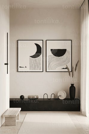 Minimalist Siyah-Beyaz Doğa 2'li Ahşap Çerçeveli Tablo Seti