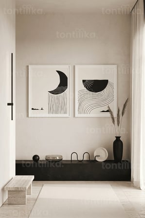 Minimalist Siyah-Beyaz Doğa 2'li Ahşap Çerçeveli Tablo Seti