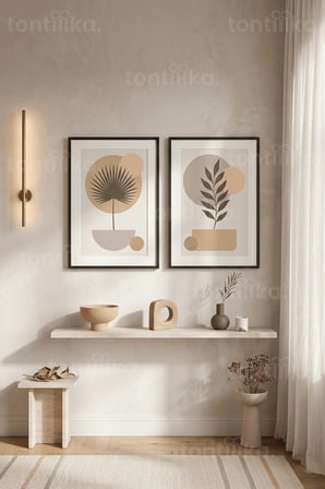 Geometrik Bitki Motifleri 2'li Ahşap Çerçeveli Tablo Seti