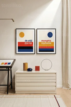 Geometrik ve Tipografik 2'li Ahşap Çerçeveli Tablo Seti