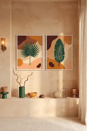 Doğa Temalı Minimalist Bitki Desenleri 2'li Ahşap Çerçeveli Tablo Seti
