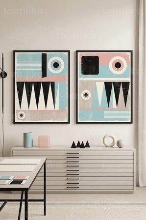 Geometrik Minimalizm 2'li Ahşap Çerçeveli Tablo Seti