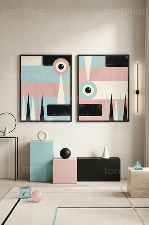 Retro Geometrik Şıklık 2'li Ahşap Çerçeveli Tablo Seti