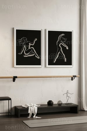 Dans Temalı Minimal Line Art 2'li Ahşap Çerçeveli Tablo Seti