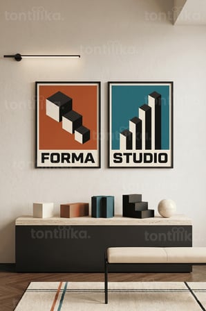 Geometrik Minimalizm 2'li Ahşap Çerçeveli Tablo Seti