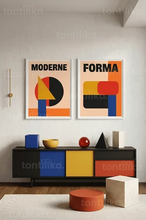 Geometrik Modernizm 2'li Ahşap Çerçeveli Tablo Seti