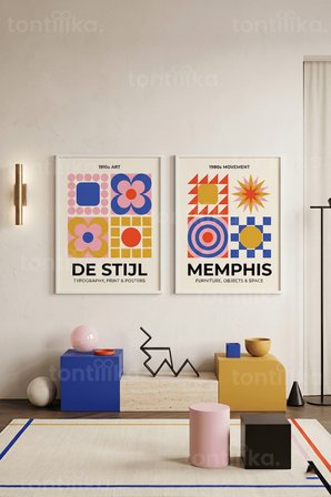 Renkli Geometrik Sanat 2'li Ahşap Çerçeveli Tablo Seti