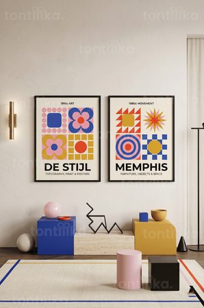 Renkli Geometrik Sanat 2'li Ahşap Çerçeveli Tablo Seti
