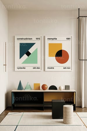Soyut Geometrik 2'li Ahşap Çerçeveli Tablo Seti