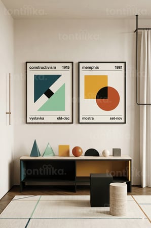Soyut Geometrik 2'li Ahşap Çerçeveli Tablo Seti