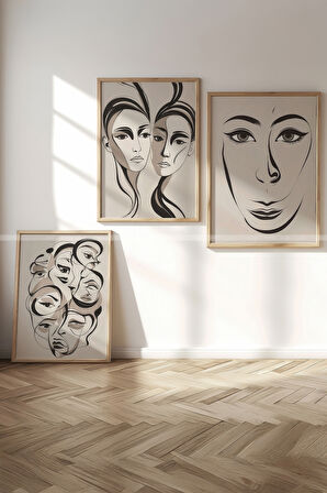 Minimalist Yüz Çizimleri 3 Parçalı Ahşap Çerçeveli Tablo Seti - Sanatsal ve Modern Tasarım-30x42