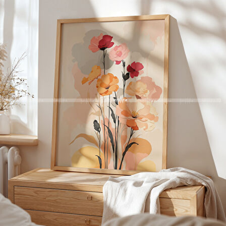 Pastel Çiçekler 3 Parçalı Ahşap Çerçeveli Tablo Seti-2