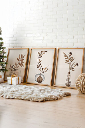 Minimal Doğal Motifli 3'lü Ahşap Çerçeveli Tablo Seti 30x42