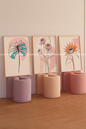 Floral Çizgisel Çiçek Sanat 3'lü Ahşap Çerçeveli Tablo Seti-30x42