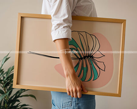 Floral Çizgisel Çiçek Sanat 3'lü Ahşap Çerçeveli Tablo Seti-30x42
