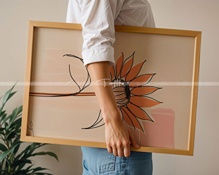 Floral Çizgisel Çiçek Sanat 3'lü Ahşap Çerçeveli Tablo Seti-30x42