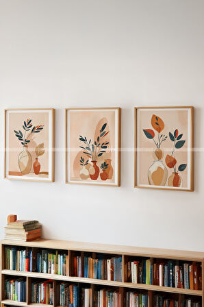 Minimalist Vazolar Temalı 3'lü Ahşap Çerçeveli Tablo Seti 30x42