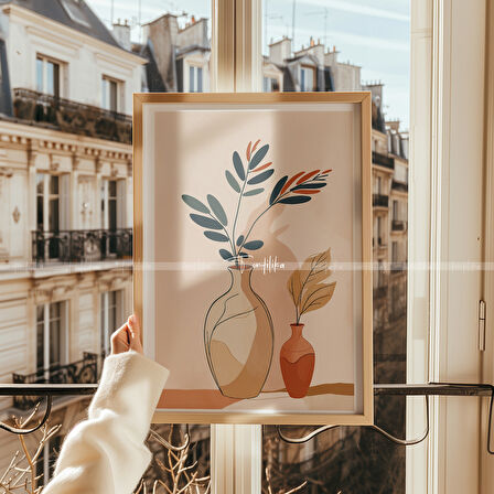 Minimalist Vazolar Temalı 3'lü Ahşap Çerçeveli Tablo Seti 30x42