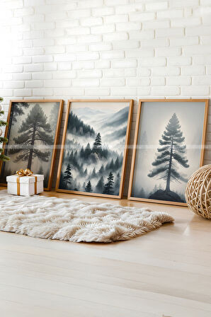 Doğanın Huzuru Temalı 3'lü Ahşap Çerçeveli Tablo Seti-30x42