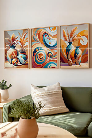 Modern Vazo ve Desen Temalı 3'lü Ahşap Çerçeveli Tablo Seti 30x42