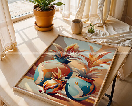 Modern Vazo ve Desen Temalı 3'lü Ahşap Çerçeveli Tablo Seti 30x42