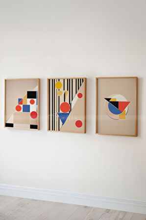 Modern Grafik 3 Parçalı Ahşap Çerçeveli Tablo Seti - Çizgisel ve Geometrik Tasarım-30x42